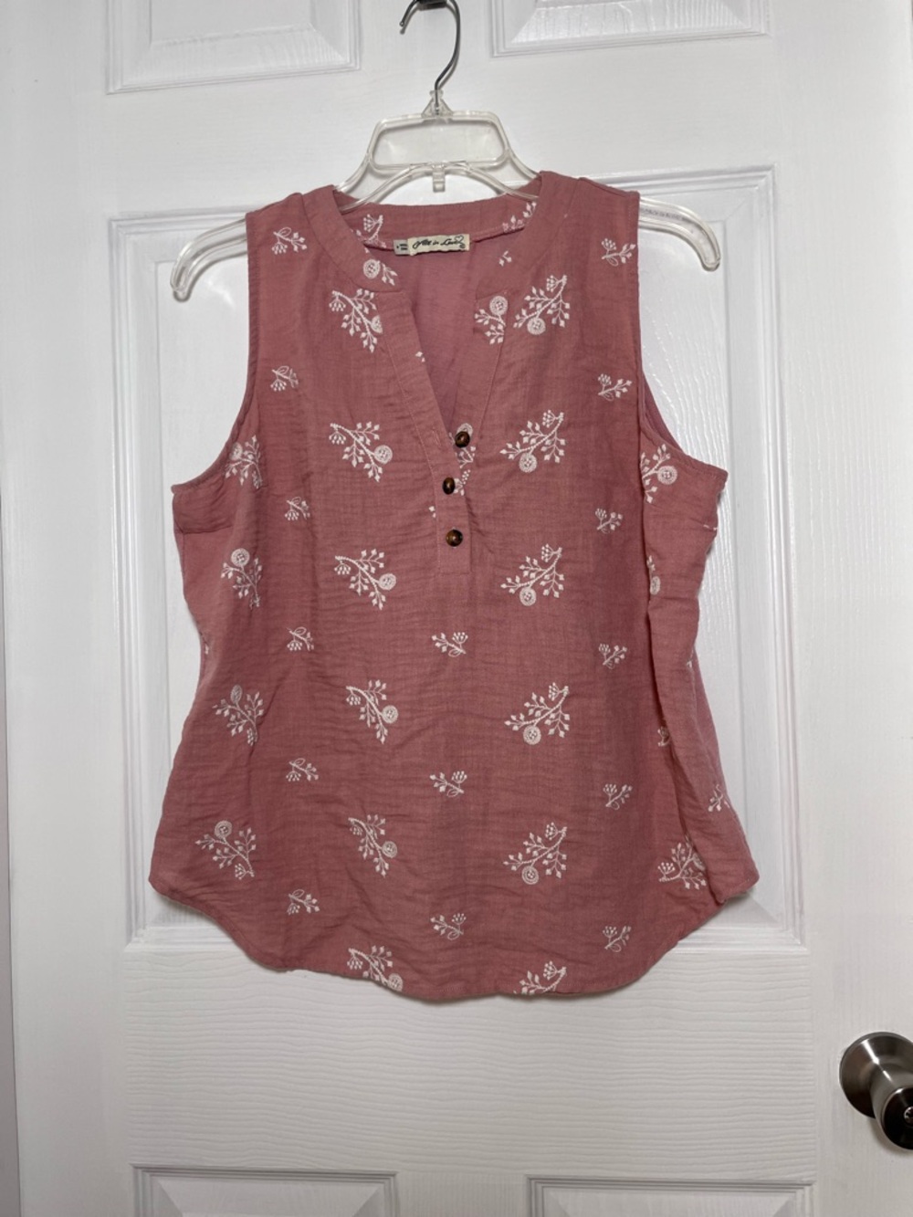 All in Love Sleeveless Dusty Rosy Brown Embroidered Button Henley Blouse